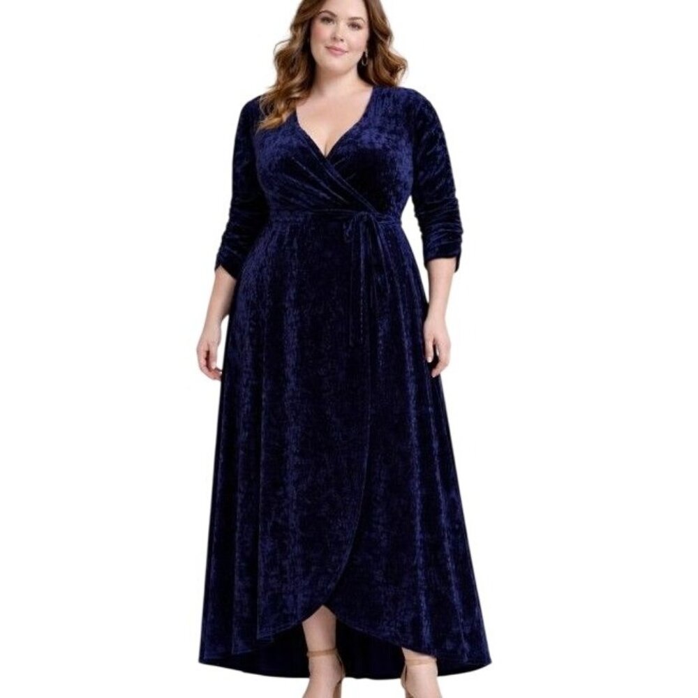 Kiyonna Safire Blue Verona Velvet Long Formal Wrap Dress Evening Gown 2X Glamour